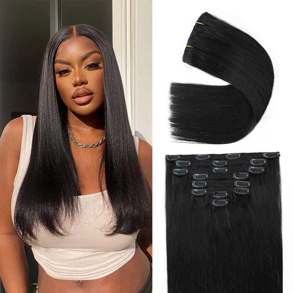 Extensiones de cabello humano real con broches, para mujeres negras, 4.23 onzas, 100% cabello humano con clip, 8 piezas de doble trama, hechas a