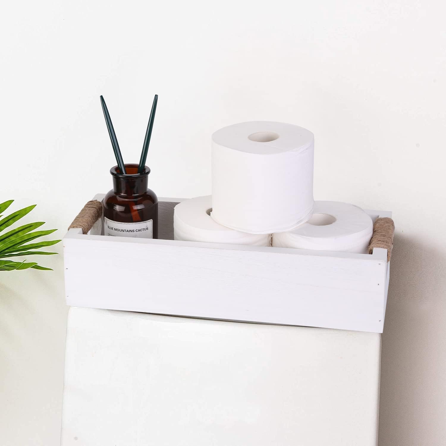 Caja de decoración de baño, cesta organizadora de papel higiénico con divertido letrero de doble cara y flores artificiales, juego de 3 bandejas de