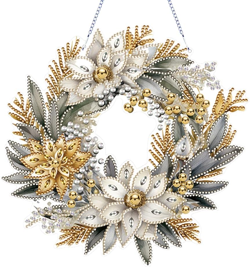 AZURAOKEY Cartel colgante de corona de pintura de diamantes de Navidad, kit de arte de diamantes de forma especial, adorno de corona de acrílico,
