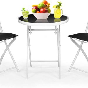 HAPPYGRILL Juego de 3 piezas de bistró plegable para patio, juego de silla y mesa plegable al aire libre con tela transpirable, mesa de vidrio HAPPYGRILL Juego de 3 piezas de bistró plegable para patio, juego de silla y mesa plegable al aire libre con tela transpirable, mesa de vidrio