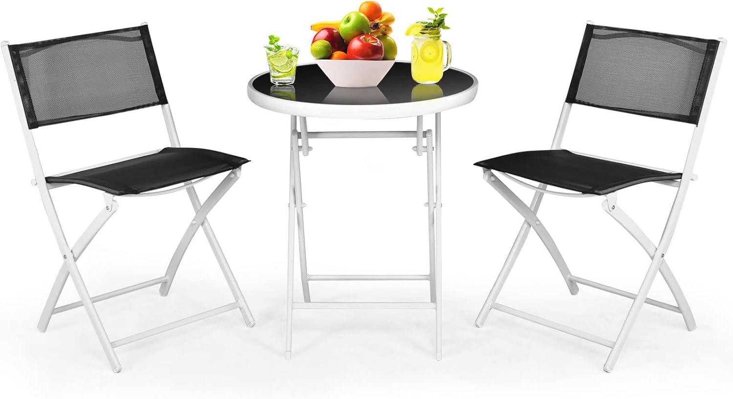 HAPPYGRILL Juego de 3 piezas de bistró plegable para patio, juego de silla y mesa plegable al aire libre con tela transpirable, mesa de vidrio