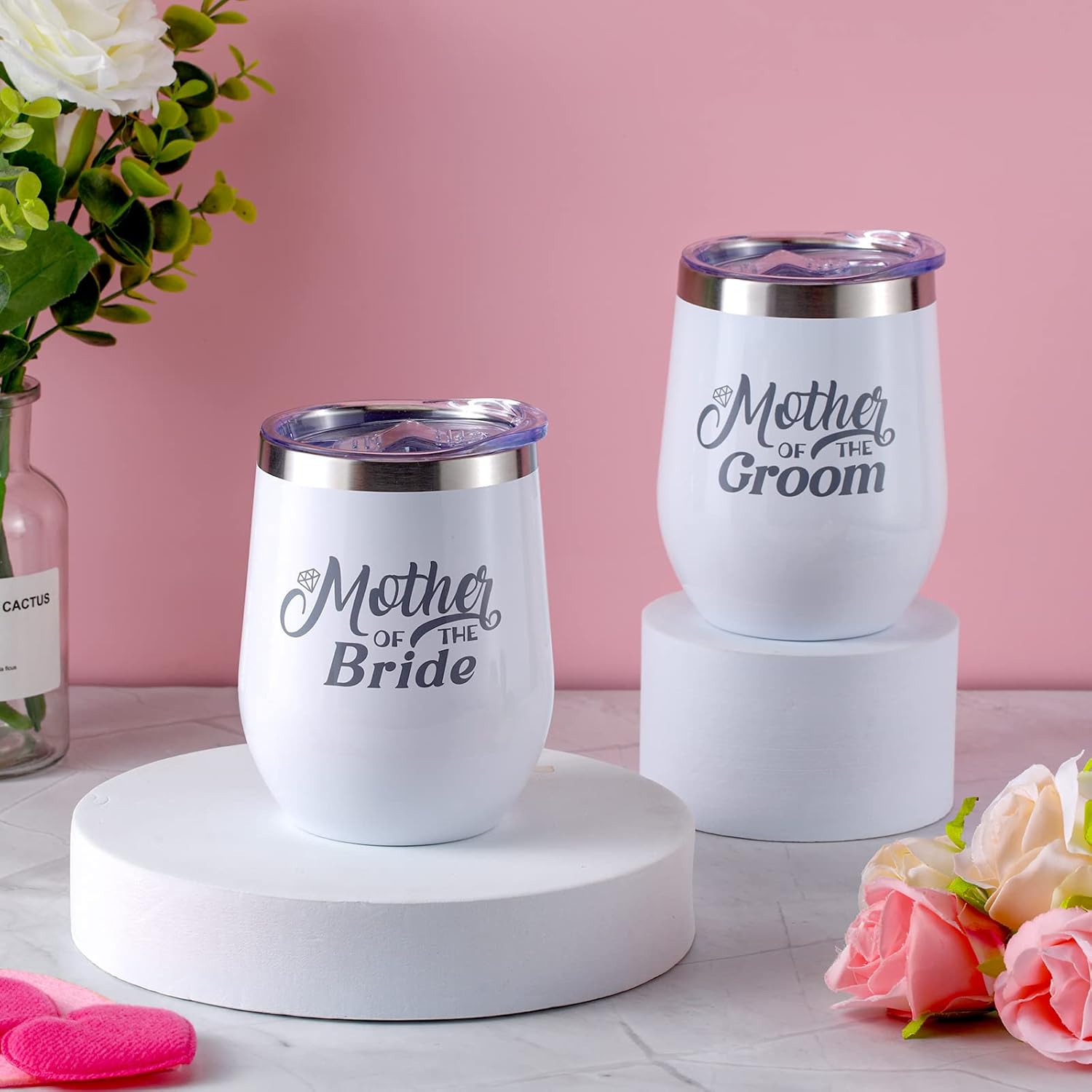 Roshtia 2 vasos grabados de acero inoxidable para madre del novio, taza de café aislada al vacío con tapas, popotes y cepillos para despedida de