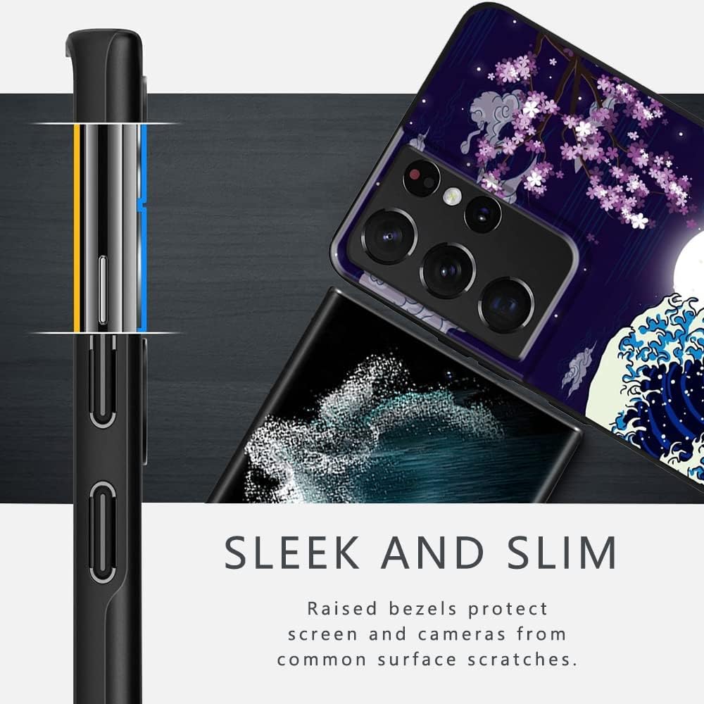 Funda compatible con Samsung Galaxy S21 Ultra, diseño de patrón estético japonés de flor de cerezo y luna, protección de cuerpo completo a prueba de
