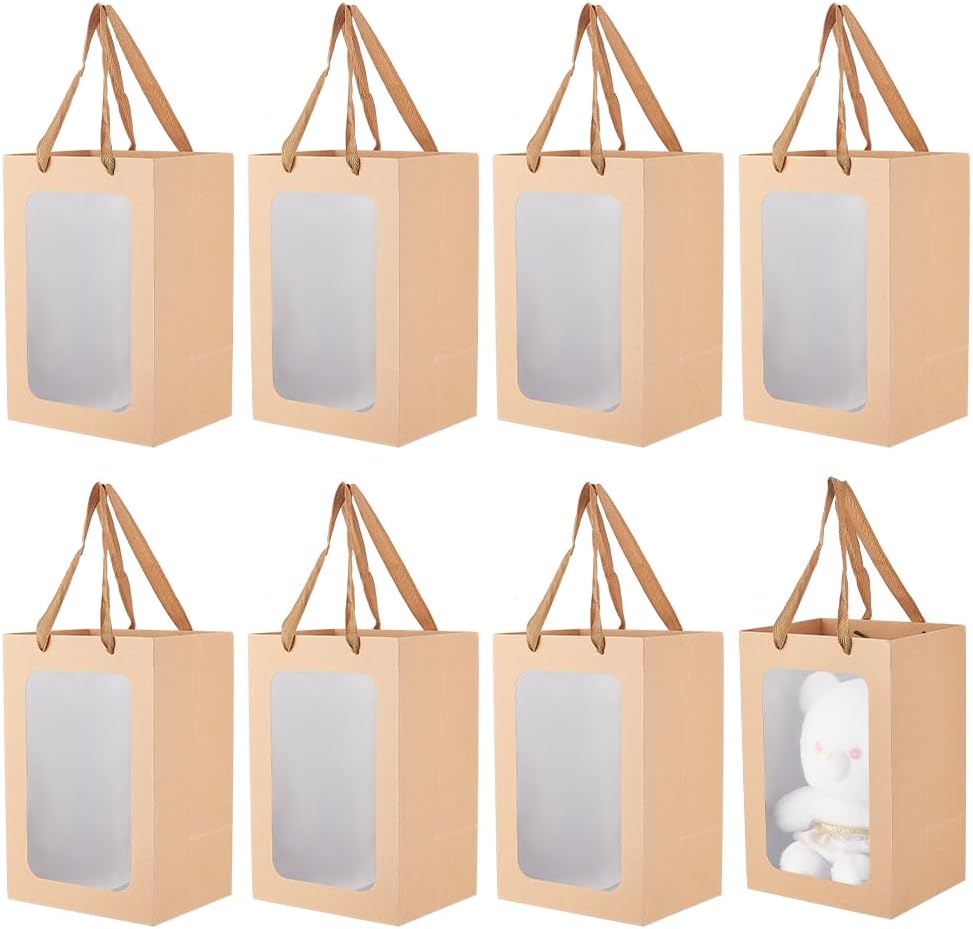 BENECREAT Paquete de 8 bolsas de papel kraft marrón transparente para ventana, 11.8 x 7.87 x 6.3 pulgadas, bolsa de regalo con asas para cumpleaños,