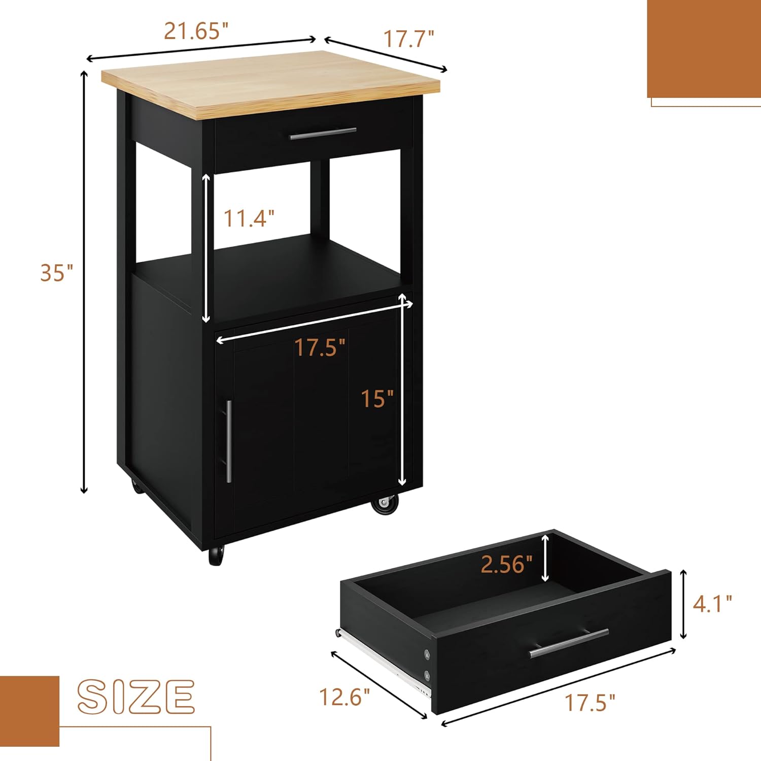 SUNLEI Isla de cocina con ruedas con armario de almacenamiento y cajón, mesa de cocina con ruedas de 21.7 pulgadas de ancho, asa de carrito para