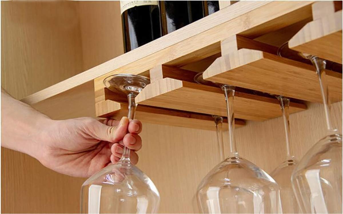 Bamboo Wine Glass Holder, Hold Up to 6 Wine Glasses, Hanging Stemware Display Rack, Under Cabinet Mounted Wine Glass Drying Storage Hanger Organizer