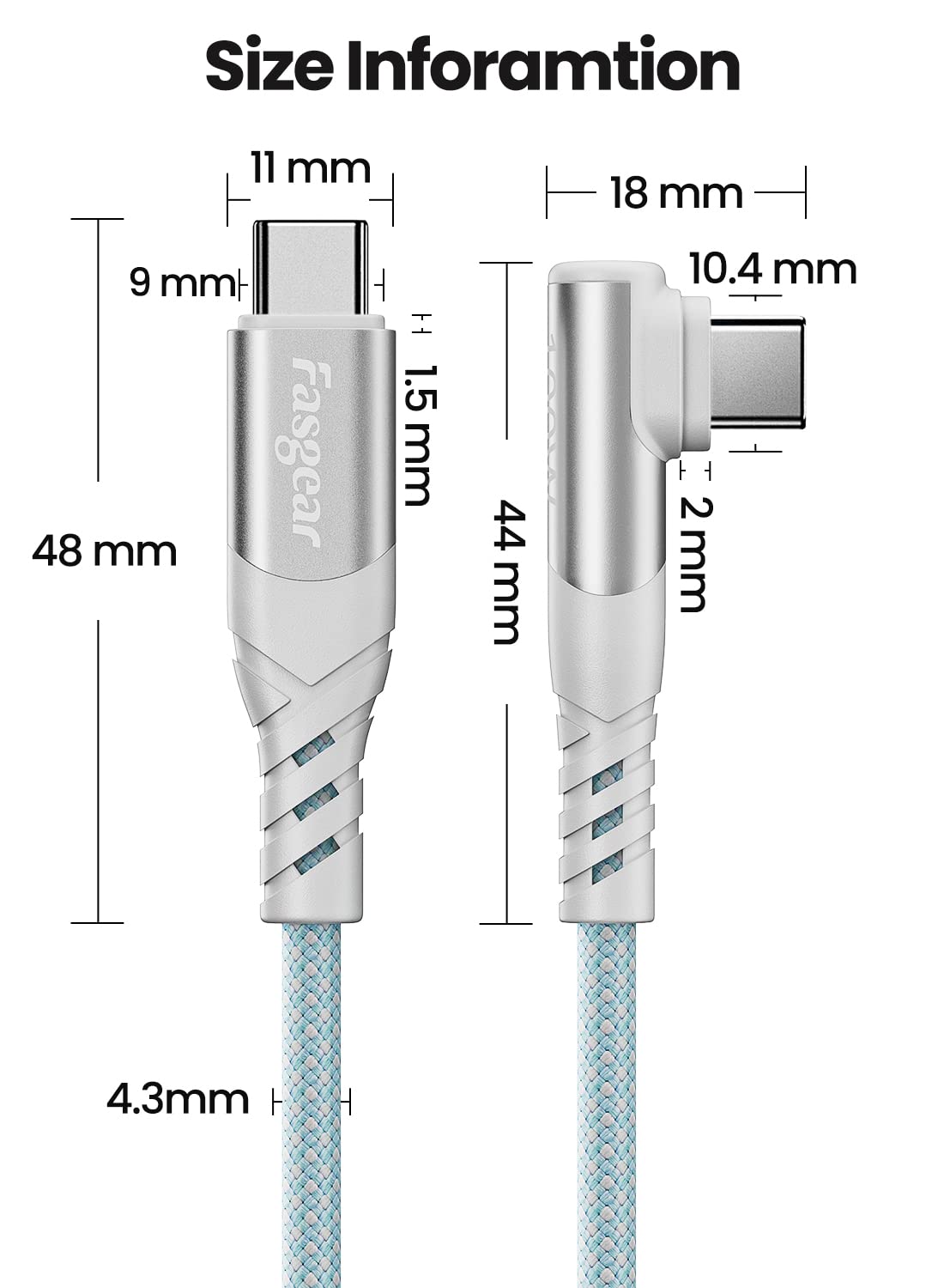 Fasgear Cable USB C a USB C de 100 W  1 paquete de 3 pies USB 2.0 tipo C a tipo C PD cable 5A de carga rápida en ángulo recto compatible con