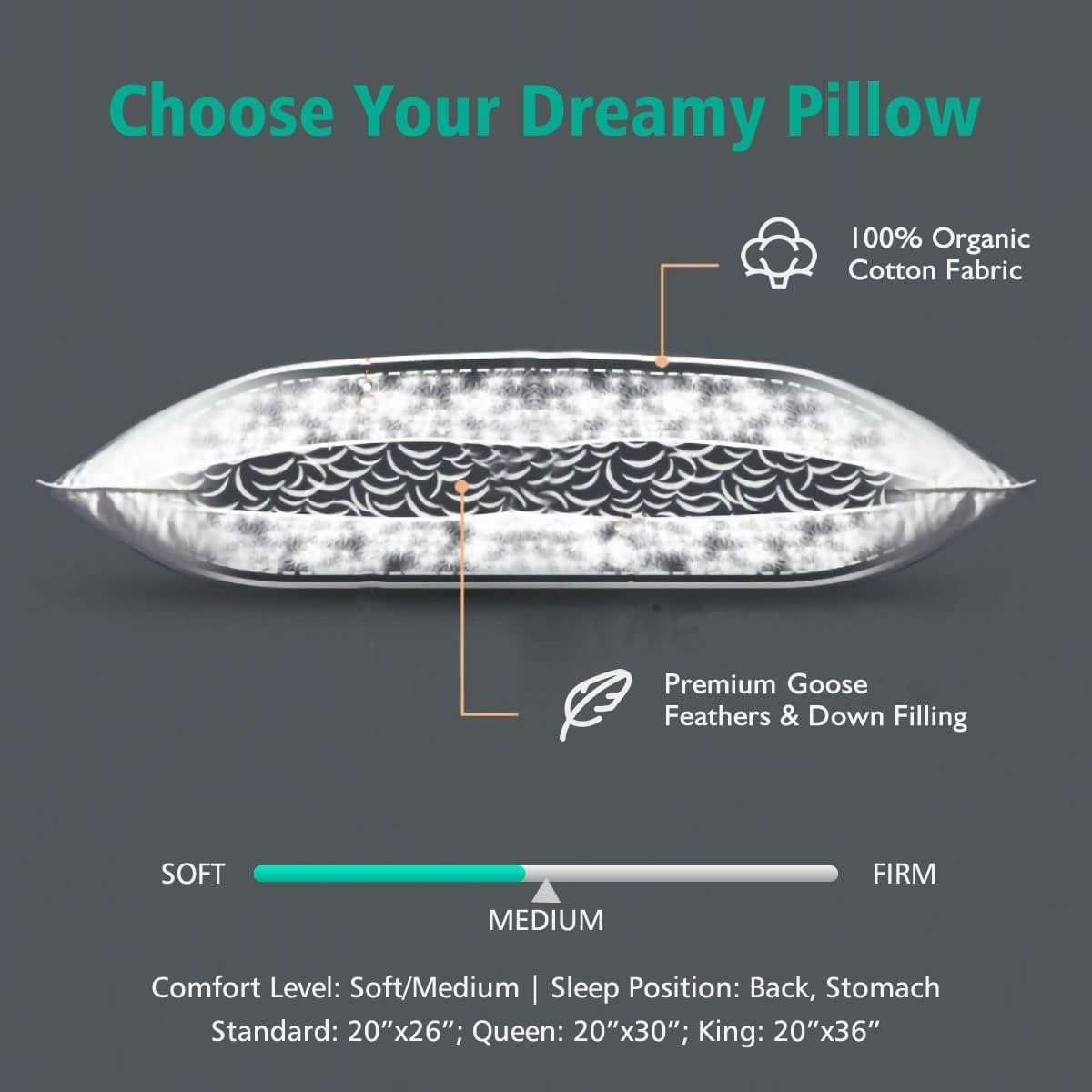 APSMILE Juego de 2 almohadas de plumas orgánicas, almohadas de cama de tamaño estándar para dormir con funda 100% algodón, almohada híbrida de