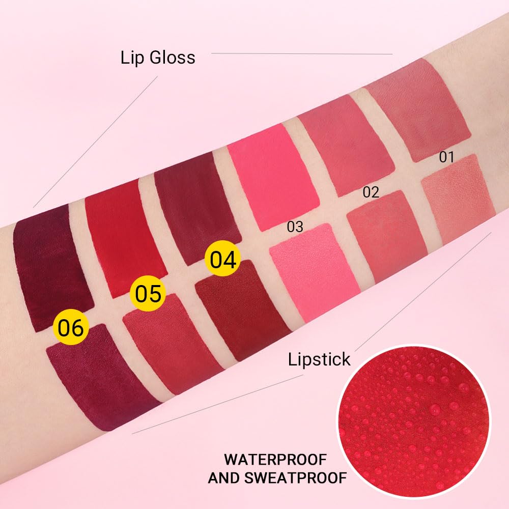 evpct Lápiz labial mate 2 en 1 y larga duración, a prueba de manchas, brillo de labios, juego de 3 piezas para mujer, color rojo rubí oscuro, beige,