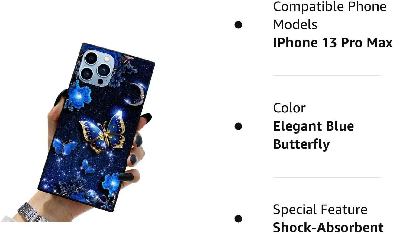 Funda cuadrada compatible con iPhone 13 Pro Max, elegante funda de mariposa azul para iPhone 13 Pro Max para niñas y mujeres, patrón de moda con