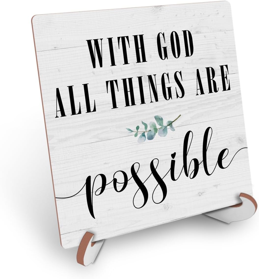 Escritura bíblica cristiana con Dios Todas las cosas son posibles, decoración rústica de escritorio, letrero de madera, placa religiosa y decorativa