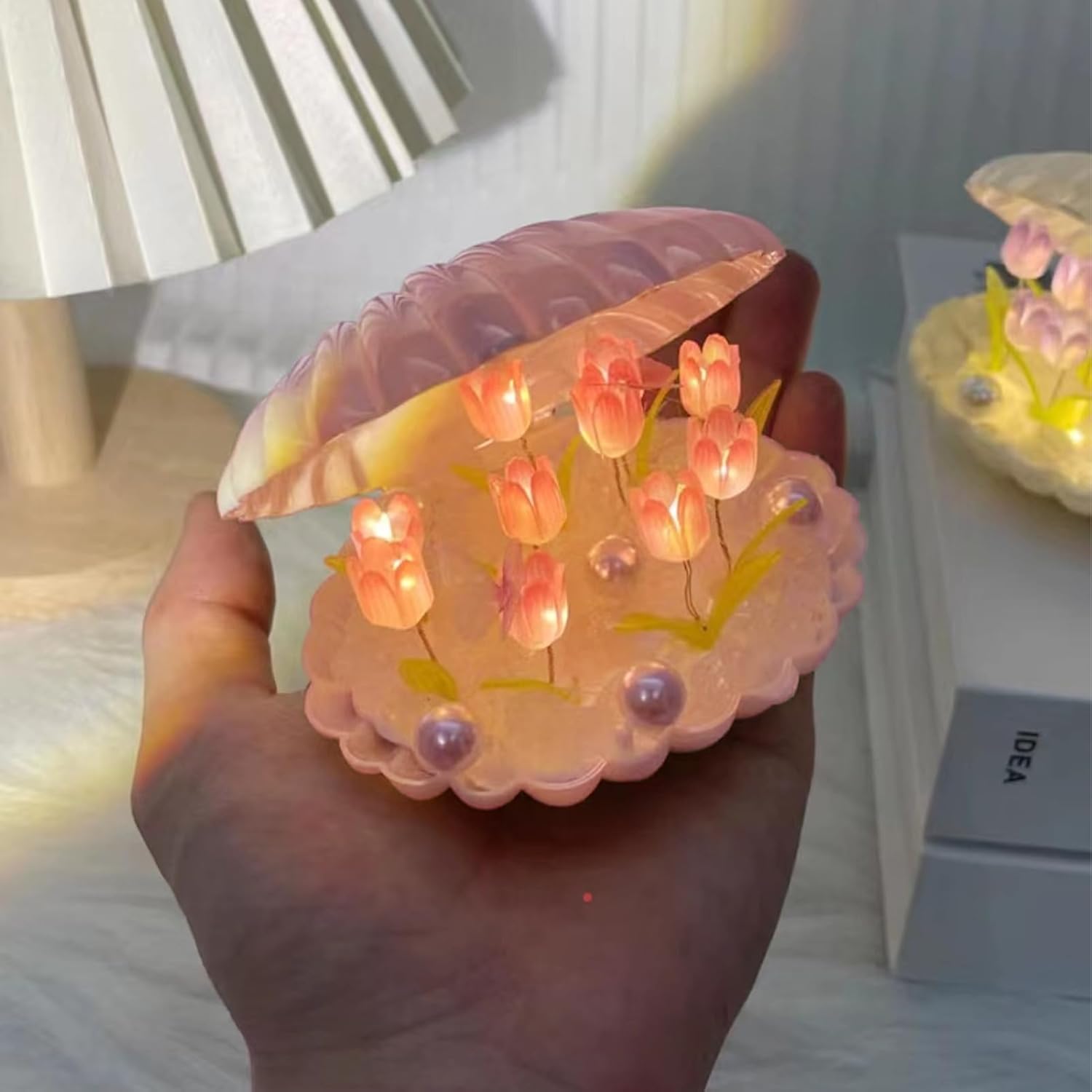 BestAlice Luz nocturna de tulipán, lámpara de flor de tulipán hecha a mano, lámpara de mesa de dormir de flores de simulación, luz LED romántica de