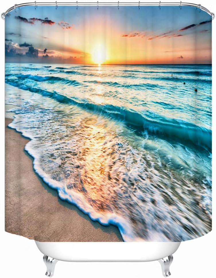 LYFANS El baño tiene una cortina de ducha de playa al atardecer y la bañera tiene una lujosa cortina de ducha estándar. Cortina de ducha de tela