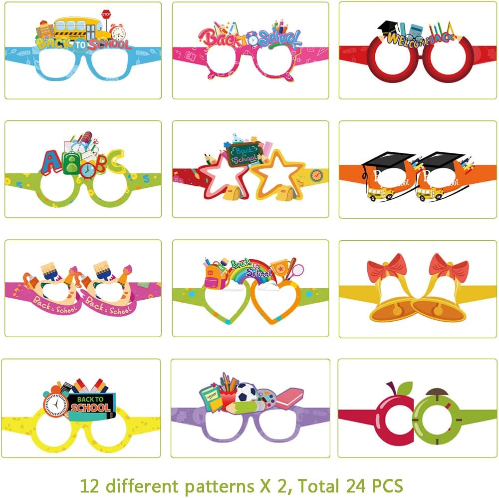 24 gafas de papel para fiesta de bienvenida de regreso a la escuela, marco de lentes para el primer día de escuela, para jardín de infantes,