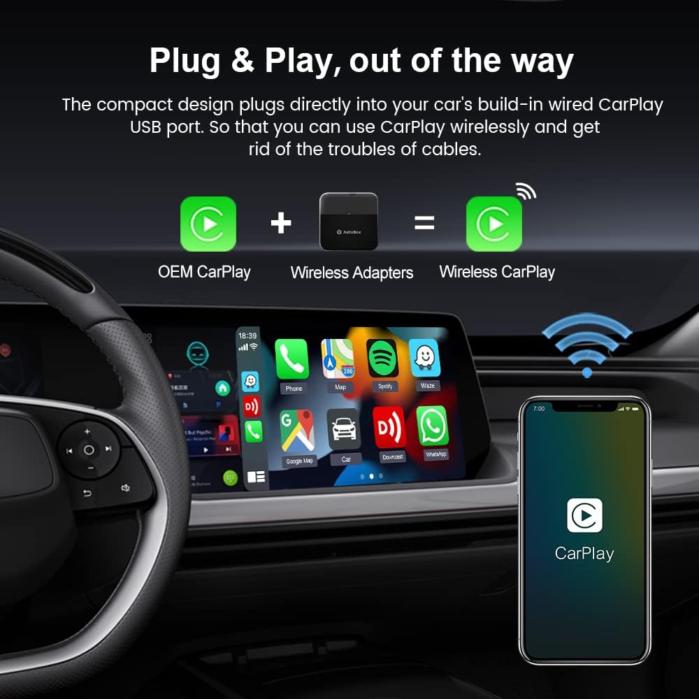 Adaptador inalámbrico Apple CarPlay, velocidad más rápida, conexión automática, Plug & Play, configuración súper fácil, para coches CarPlay con