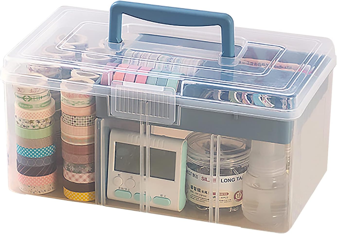 Caja organizadora de suministros de plástico transparente para artes y manualidades, caja grande con una bandeja extraíble, una partición y asa,