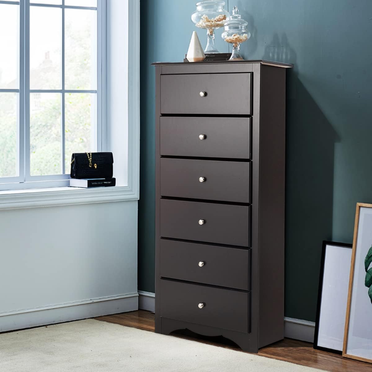 Cómoda de 6 cajones, pecho de 53.5 pulgadas de alto, armario de almacenamiento de pie con pomos de metal, cómoda de madera para armario, dormitorio,