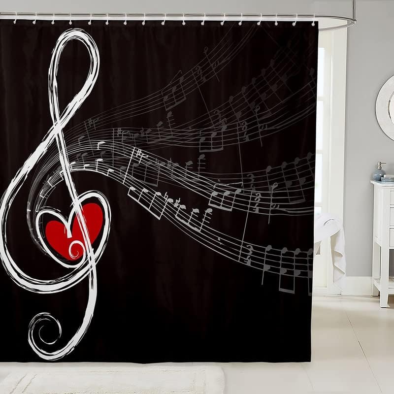 Juego de cortina de ducha con temática musical, juego de ropa de cama con notas voladoras para niños y niñas, estilo musical de amor de corazón,
