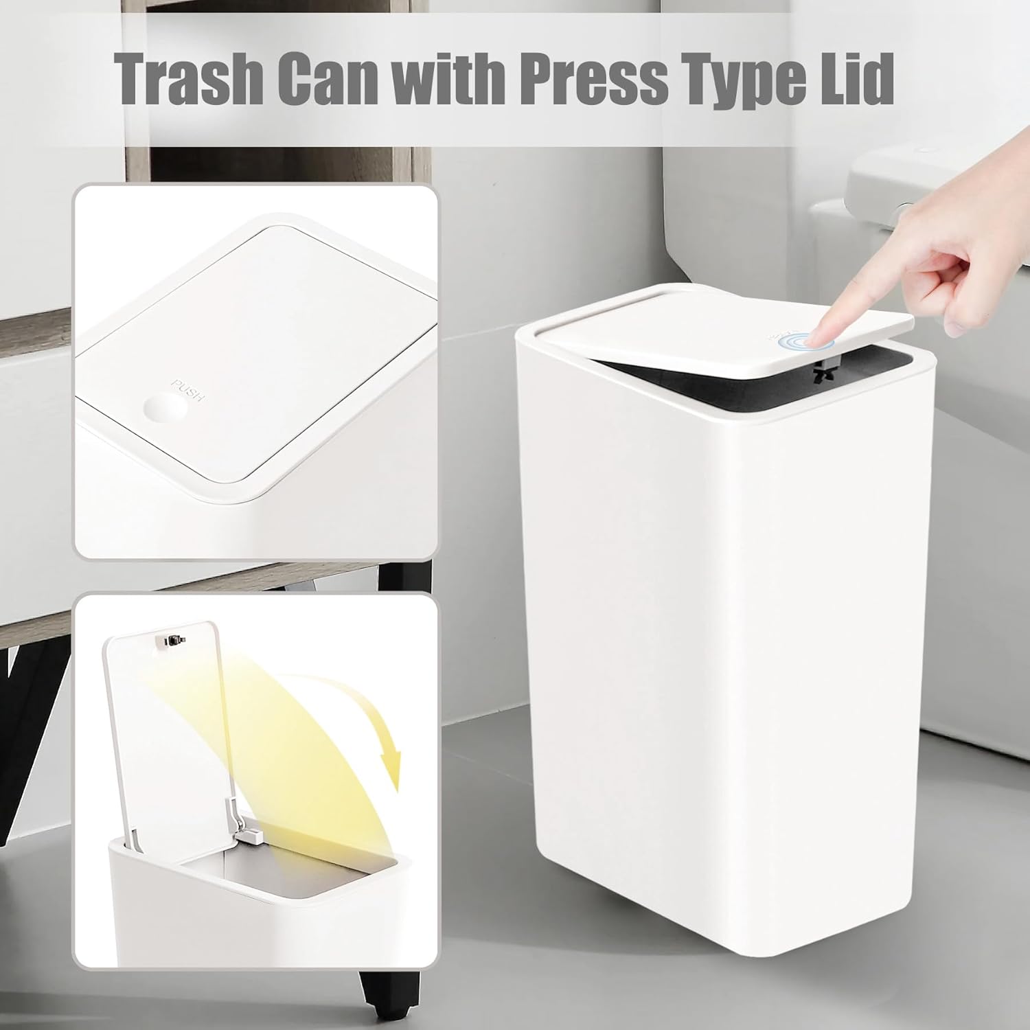 Basurero de baño con tapa, cubo de basura delgado de 10 litros2.6 galones, cesta de basura pequeña con tapa desplegable para cocina, dormitorio,