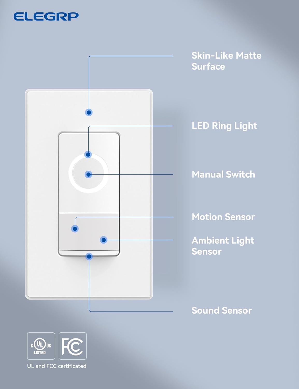 ELEGRP Interruptor inteligente con sensor de movimiento, interruptor de luz Wi-Fi de 3 vías de 2.4 GHz, compatible con Alexa y Google Assistant,