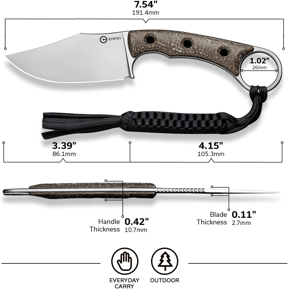 CIVIVI Midwatch Cuchillo de hoja fija, 3.39 pulgadas Bohler N690 hoja de acero mango de arpillera Micarta con funda Kydex y cordón de paracaídas