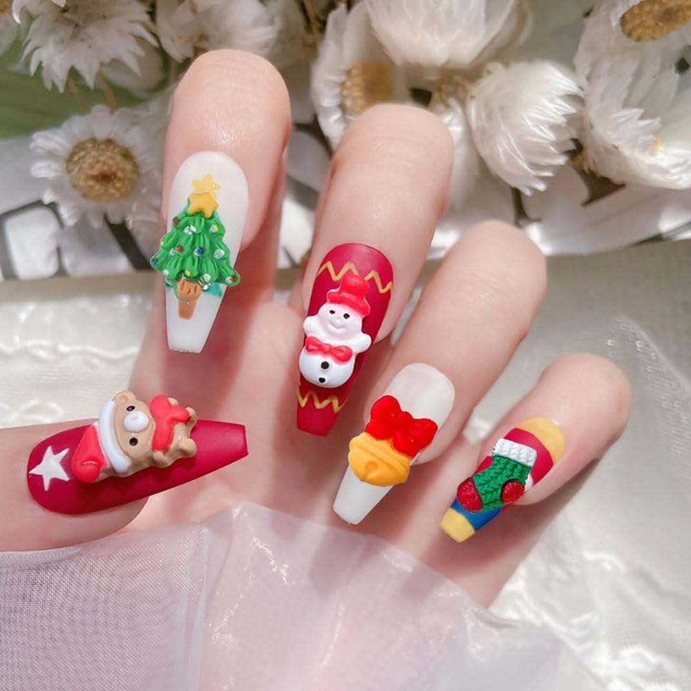 20 dijes de uñas de Navidad con dibujos animados 3D, árbol de Navidad, Papá Noel, muñeco de nieve, campanas, alce, copos de nieve, adornos de uñas
