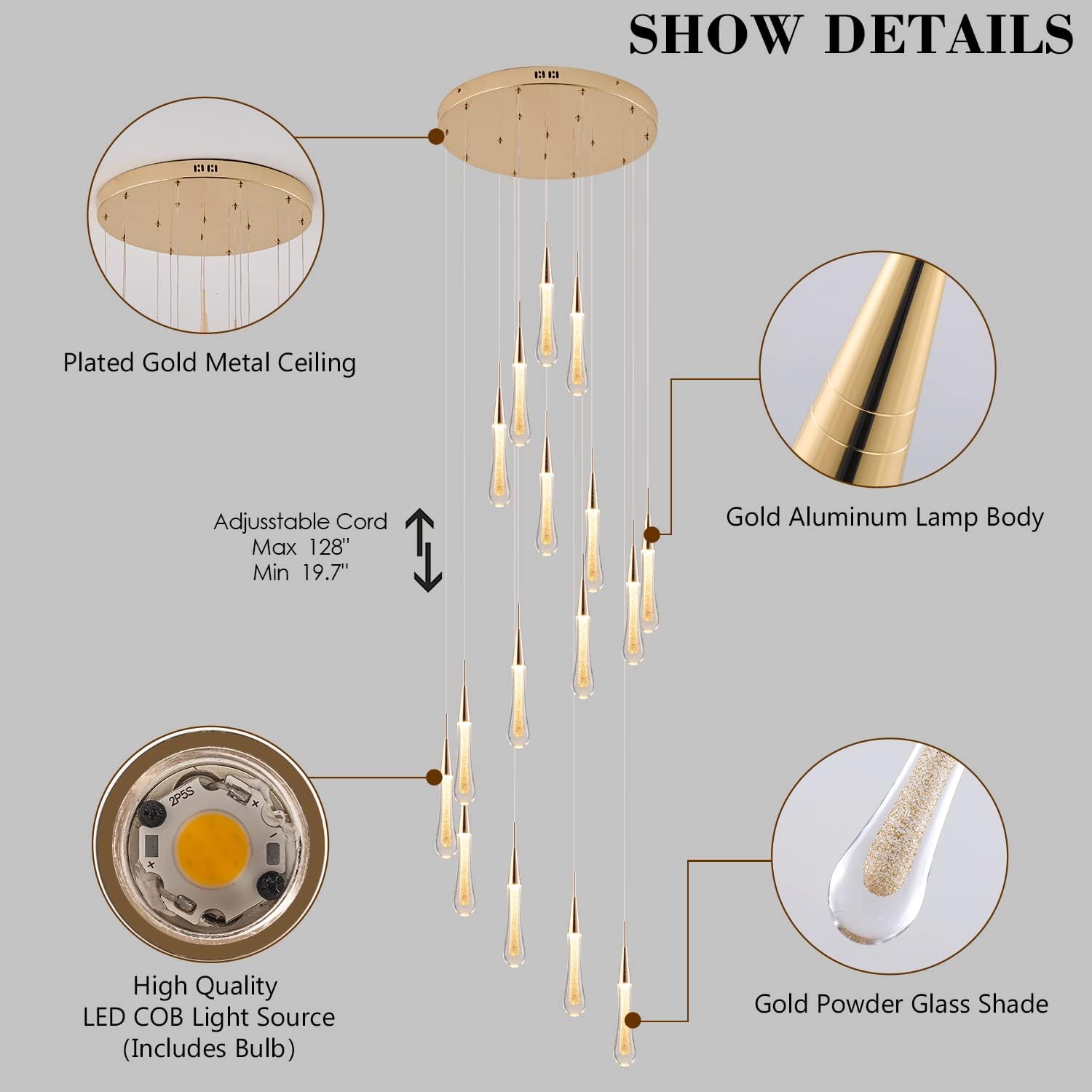16-Light Gold Staircase Chandelier, Adjustable 128″ High Ceilings Light Fixture Crystal Raindrop Glass Large Long LED Chandeliers for Entryway