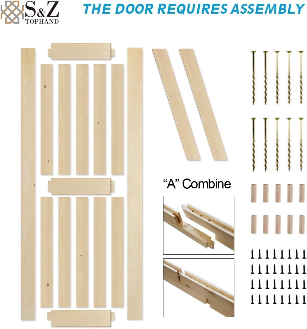 S&Z TOPHAND Puerta de granero anudada británica sin terminar de 42 pulgadas x 96 pulgadas con kit de herrajes para puerta corredera de 8 pies, doble