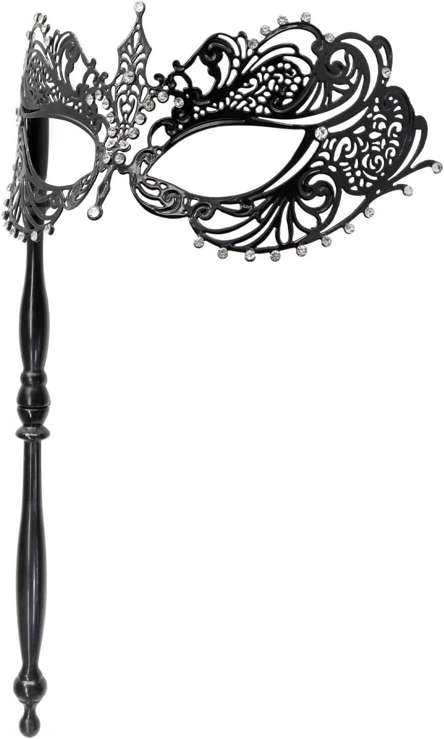 Thmyo Máscara veneciana de fiesta de Mardi Gras de Halloween con palo de sujeción, máscara de mano con plumas de metal y diamantes de imitación