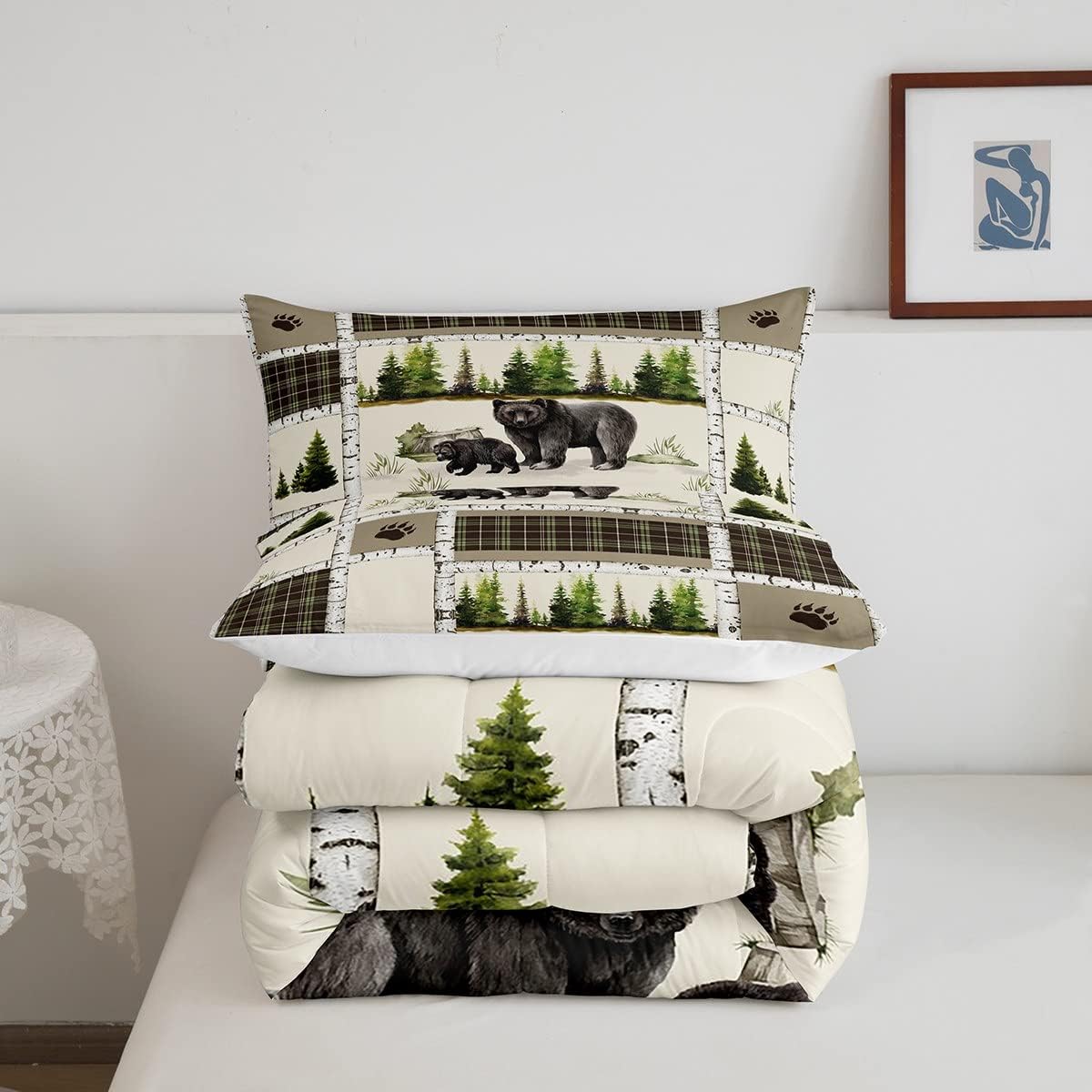 Juego de ropa de cama individual de oso negro, edredón retro de animales de bosque de caza para cabaña de campo, juego de edredón de retazos verde y