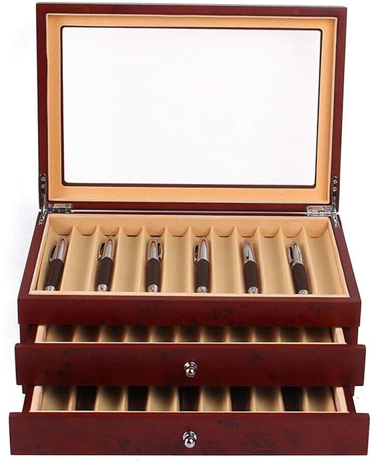 CNCEST Caja de madera para bolígrafos, 3 capas, 34 ranuras, caja de almacenamiento de madera roja, caja organizadora de almacenamiento para cajones,