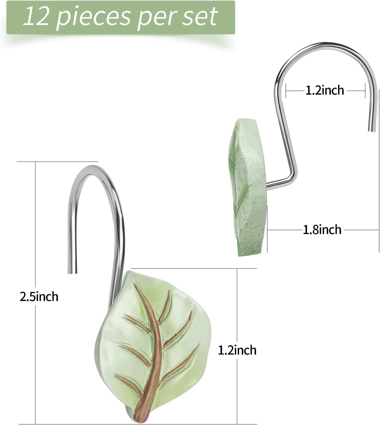 Gibelle Ganchos decorativos para cortina de ducha, 12 piezas de hojas de plantas verdes, ganchos decorativos de metal a prueba de óxido, bonitos