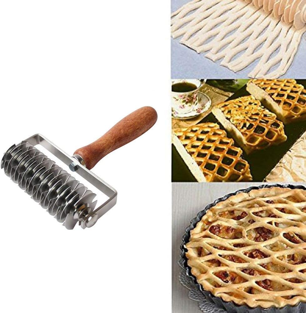 Cortador de rodillo de corteza de pastelería de pan de pizza de celosía superior de celosía de acero inoxidable, mango de madera