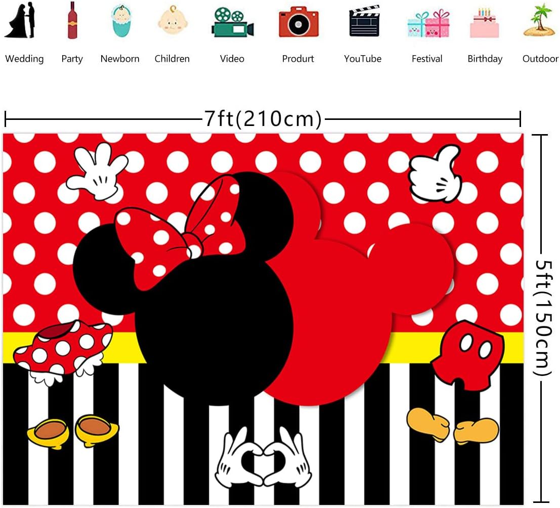 Fondo de fotografía de dibujos animados de 7 x 5 pies con diseño de ratón negro y lunares rojos para 1, 2, 3, niñas, niños, ratón, suministros de