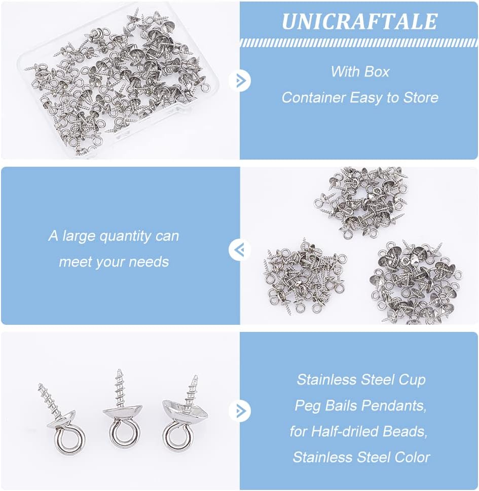 UNICRAFTALE 90 piezas de 3 tamaños colgantes de acero inoxidable con forma de perla, pasador de perla, pasador de perla, pasador de ojo de taza de 4