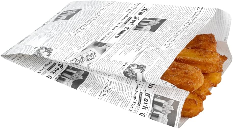 Restaurantware Bag Tek Newsprint Paper French FrySnack Bag – 5″ x 3″ x 8 34″ – Caja de 100 unidades