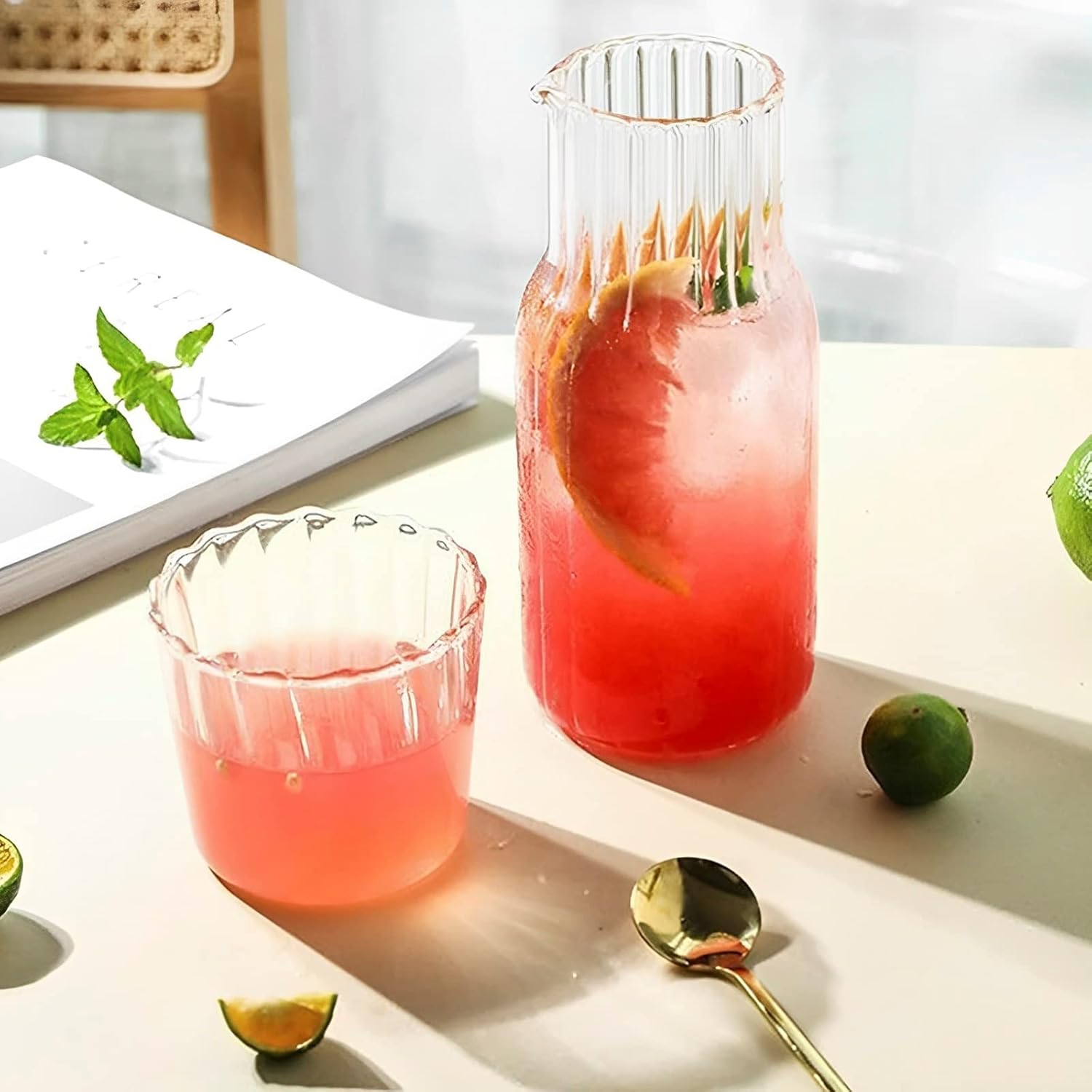 Juego de jarras de agua de cristal, jarra de agua de cabecera y juego de vidrio, con vaso de vidrio de 16.9 fl oz20.3 fl oz, resistente al calor,