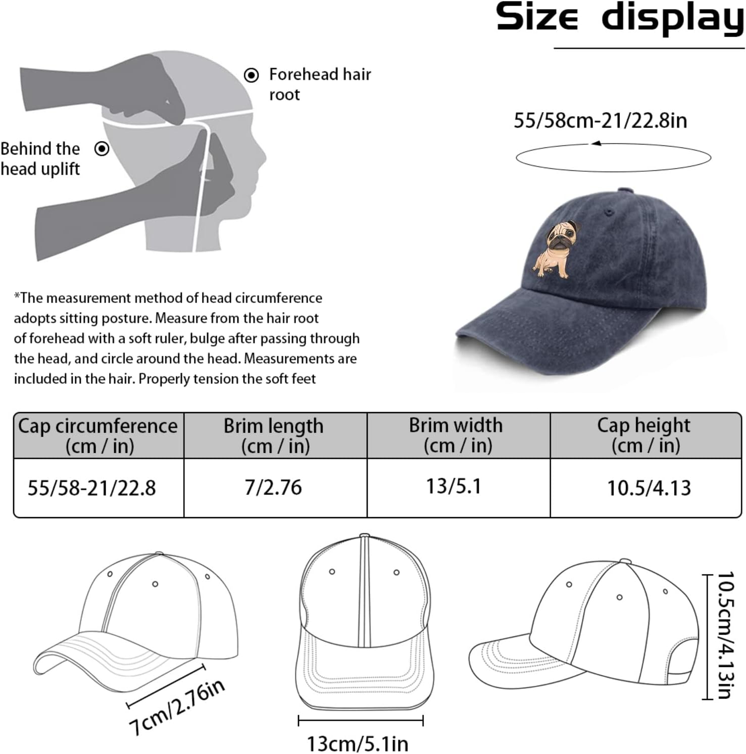 Sombreros Pug Dog Dad Sombrero para Hombre Vintage Denim Gorra de béisbol ajustable