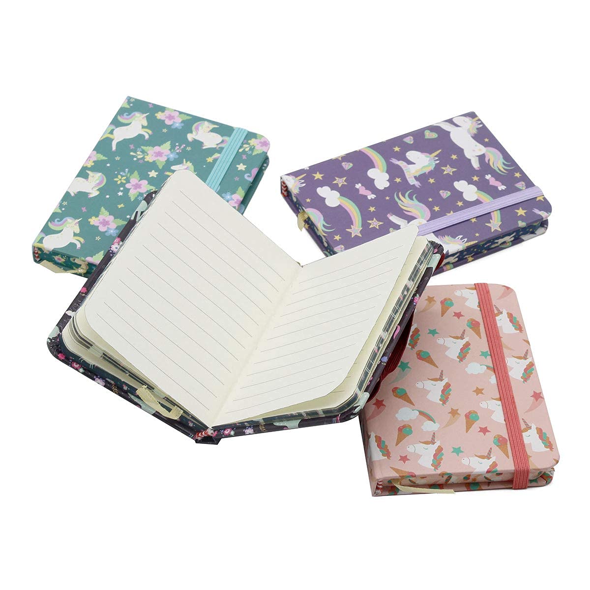4 cuadernos de unicornio de 3 x 4 pulgadas, mini diario de bolsillo interior, bloc de notas de escritura lindo con cierre elástico a rayas para