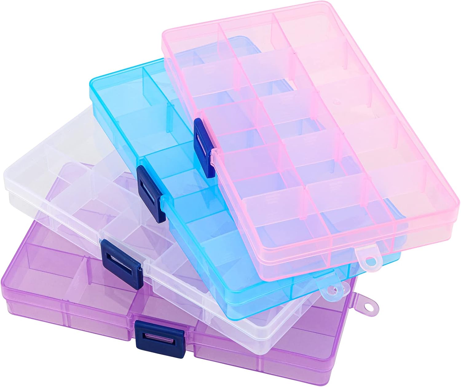 Paquete de 32 cajas de plástico organizador de joyas de 15 rejillas, caja organizadora de almacenamiento de cuentas de plástico de colores con