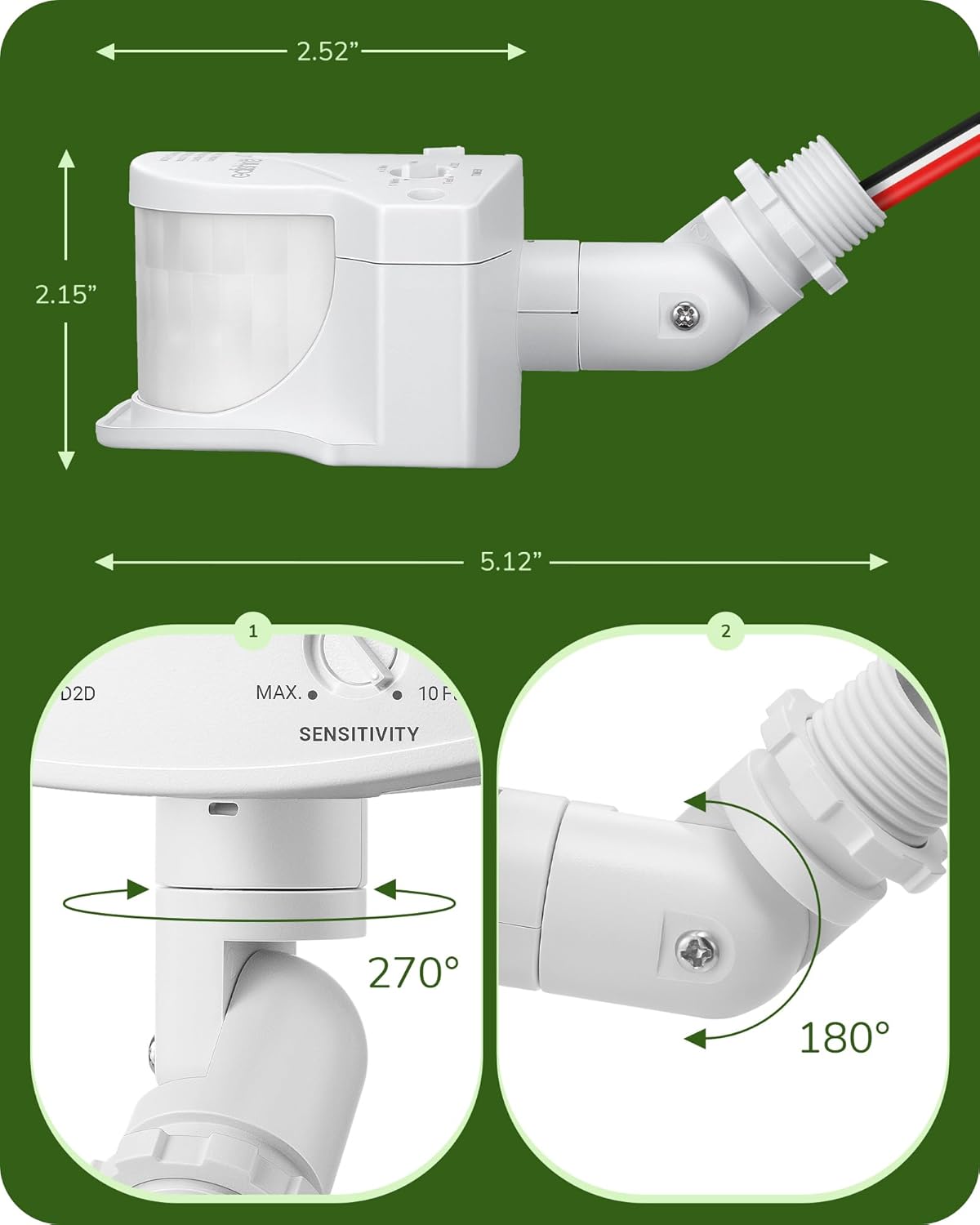 EDISHINE Sensor de movimiento, sensor automático de anochecer a amanecer, sensor PIR de movimiento de 120 V CA, rango de detección y tiempo de