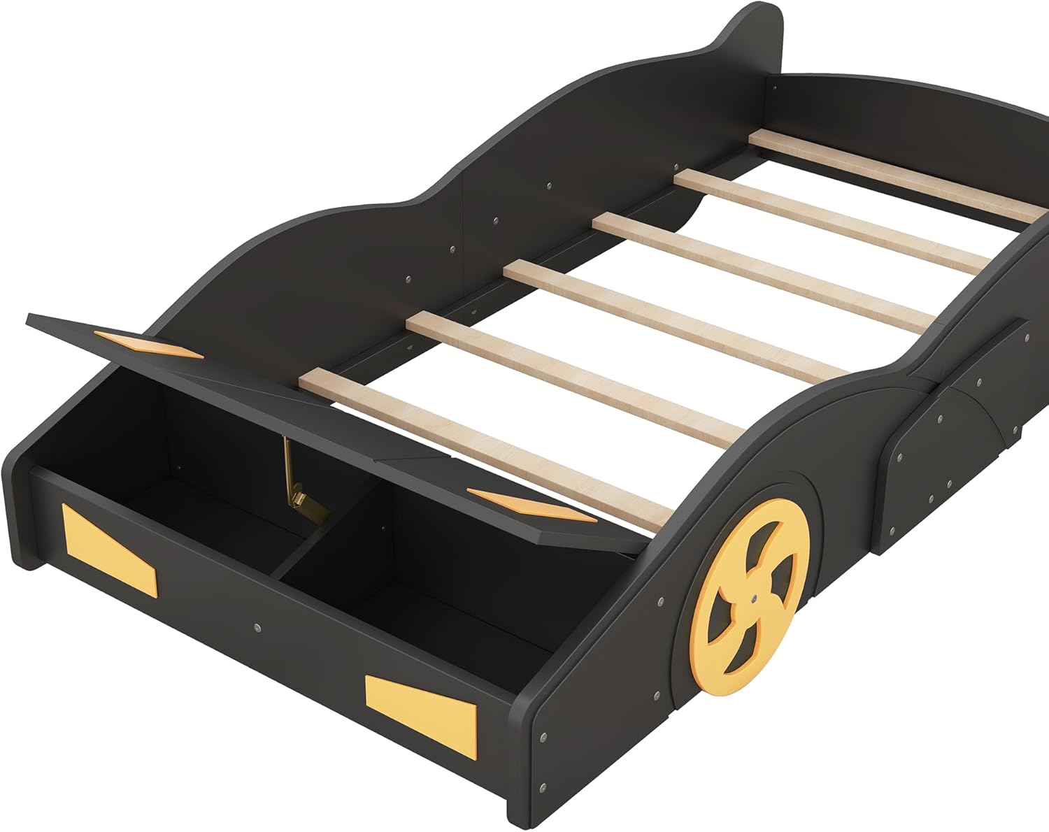 Cama de plataforma en forma de auto de carreras de tamaño individual con ruedas y almacenamiento, marco de cama de madera maciza con barandillas