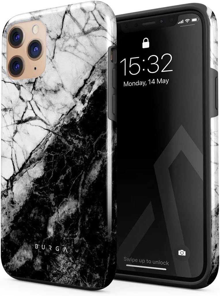 BURGA – Funda compatible con iPhone 11 PRO MAX, carcasa rígida híbrida de 2 capas + Funda de silicona, Fatal Contradiction (marmolado blanco y negro