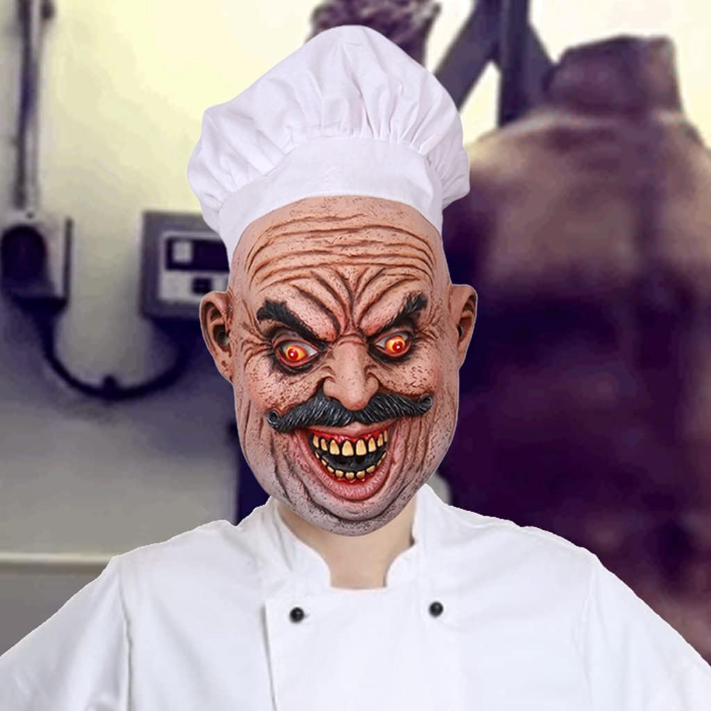 Yeahii Máscara realista de látex barbudo para chef, carnicero, Halloween, casa encantada, fantasma, mascarada, cosplay, accesorios aterradores