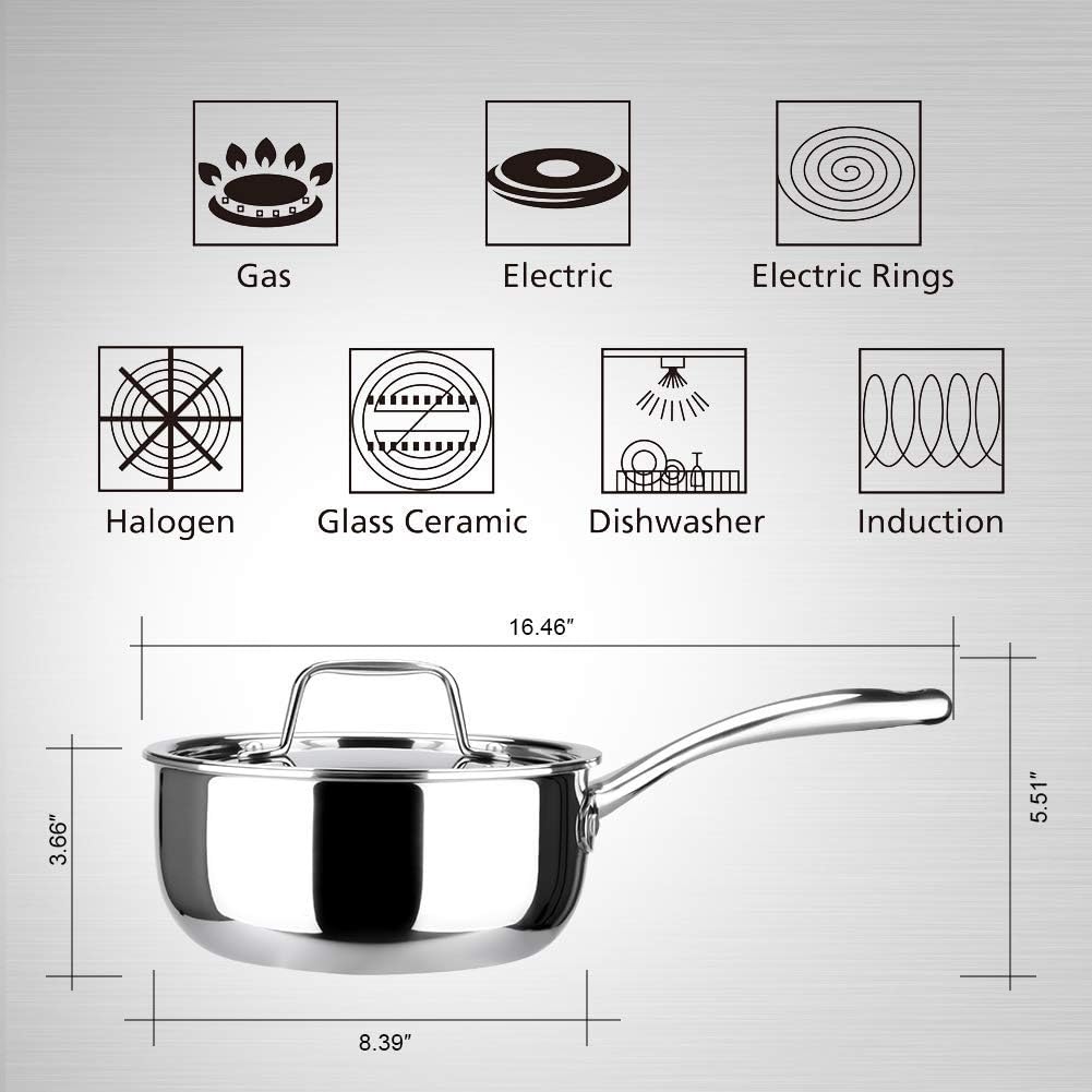 Duxtop Juego de utensilios de cocina de acero inoxidable de tres capas con cacerola y sartén