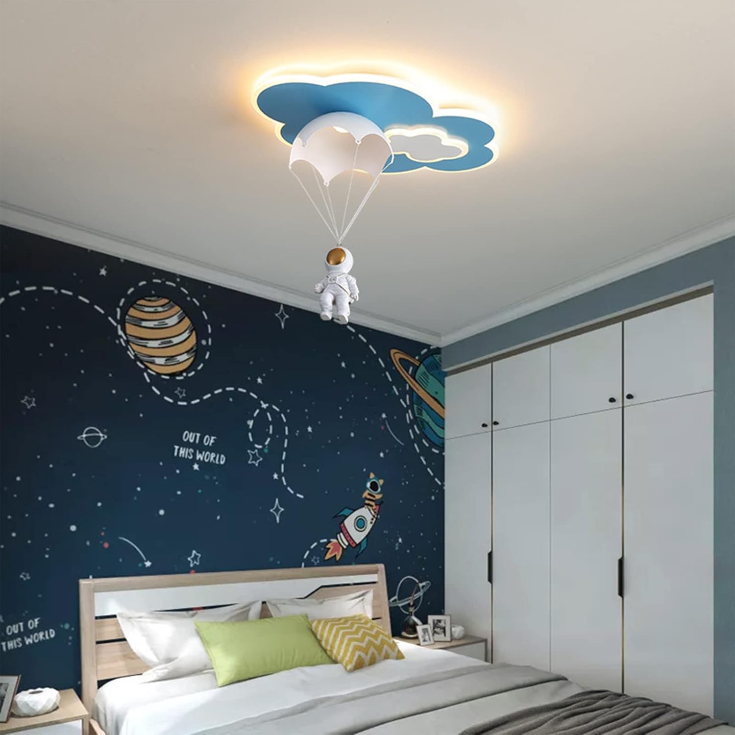 Lámpara de techo moderna, lámpara colgante de dibujos animados de astronauta, lámpara de techo LED de acrílico con control remoto, lámpara de techo