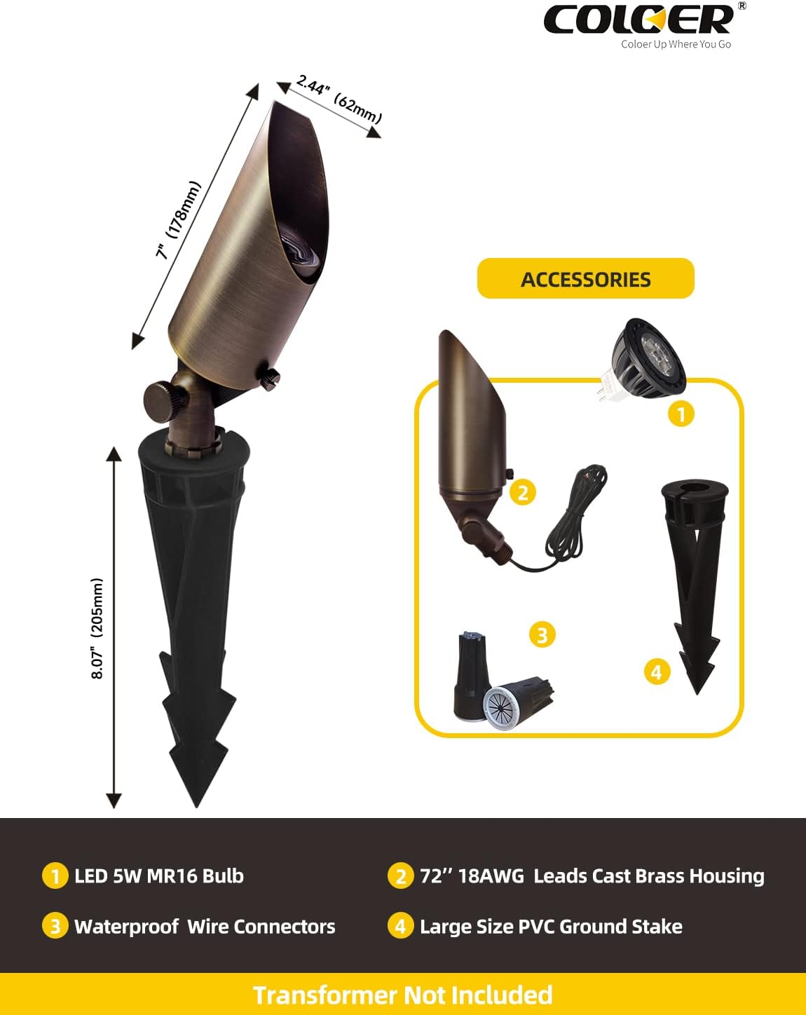 COLOER Focos de paisaje de latón fundido a presión, paquete de 6 focos para exteriores con kit de bombilla LED MR16 de 5 W, estaca de tierra