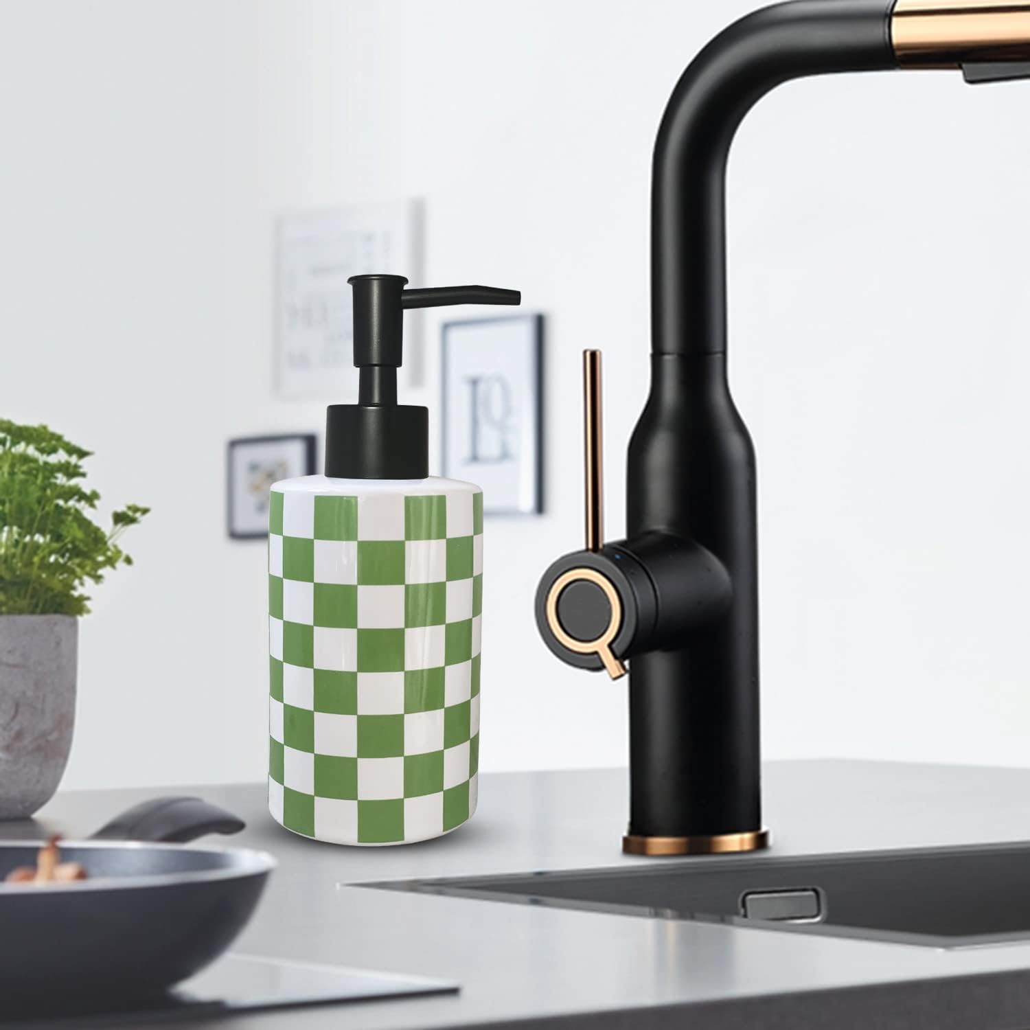 Dispensador de jabón de baño con bomba negra mate, dispensador de jabón de cerámica blanca para cocina, tablero de ajedrez, botella de bomba vacía