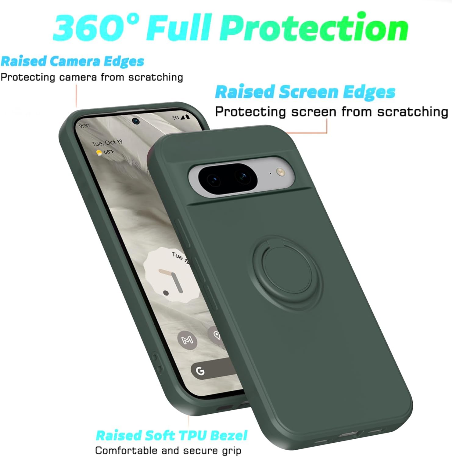 Hongxinyu Funda para Google Pixel 8 2023, anillo delgado de silicona líquida con función atril, forro de microfibra antiarañazos, protección contra