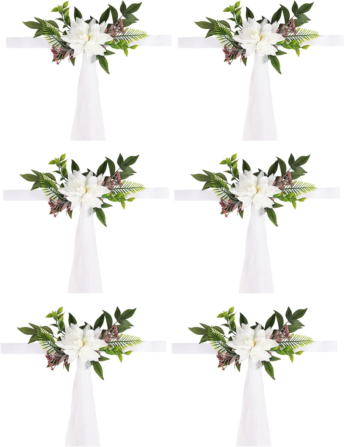 Fofetbfo Juego de 6 decoraciones para sillas de pasillo de boda, flores artificiales con cintas, sillas, respaldo de banco, arreglo de flores para